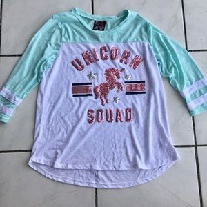 🦄 3/4 Sleeve Miss Chievous: 🦄 Unicorn Teal and White Sequin…